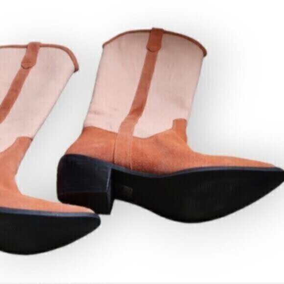 Urban Outfitters Suede Linen Canvas Leslie Tall Cowboy Boot Pink Peach … - Picture 11 of 12